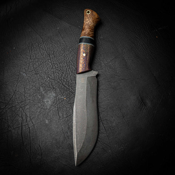 Bear Knife – N690 Stonewashed | Super Curly Birch & Brass TruStone Spacer