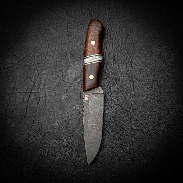 Bushcraft – N690 Stonewashed | Ringed Gidgee, White & Brass Spacer