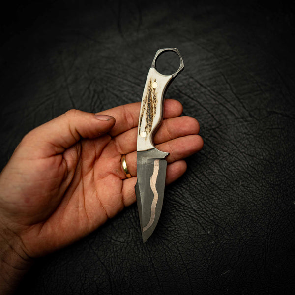 Mini Hunter – Bakers Forge Coppermascus with Fallow Deer Antler — In-hand view | Iron Gate Knives