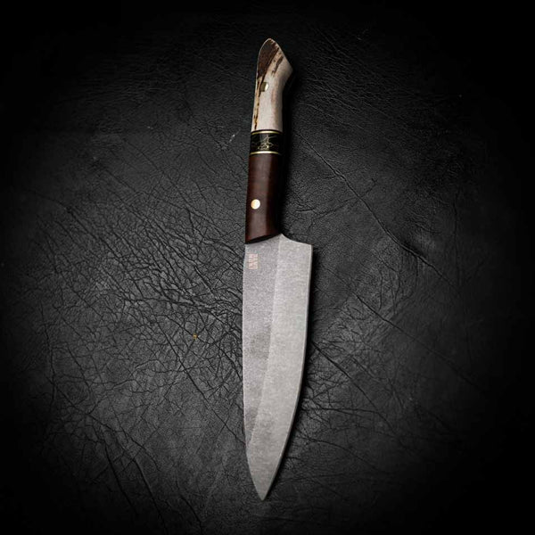 Medium Chef Knife – Stonewashed N690 | Tassie Blackwood, TruStone & Deer Antler