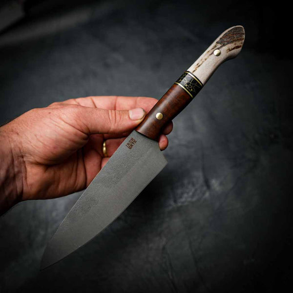Pre-Order — Medium Chef Knife – Stonewashed N690 | Tassie Blackwood, TruStone & Deer Antler
