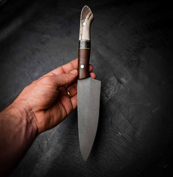 Pre-Order — Medium Chef Knife – Stonewashed N690 | Tassie Blackwood, TruStone & Deer Antler