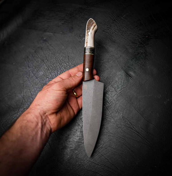 Pre-Order — Medium Chef Knife – Stonewashed N690 | Tassie Blackwood, TruStone & Deer Antler