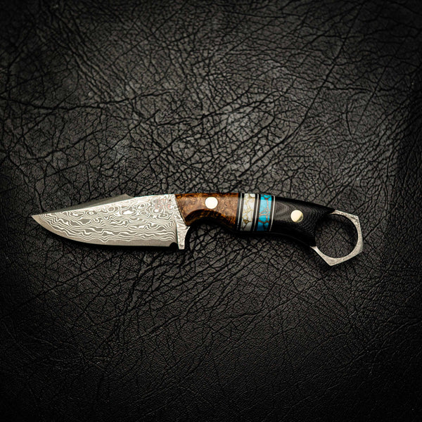 Damascus Mini Hunter – Amboyna Burl, Double Trustone & Black G10
