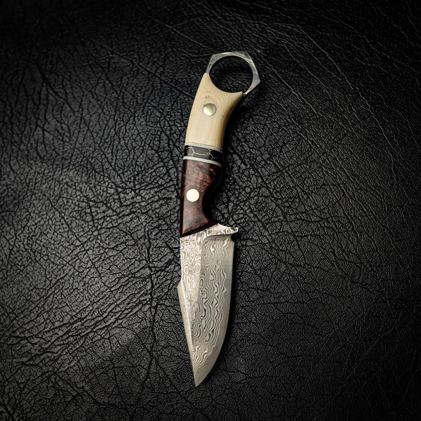 Damascus Mini Hunter – Honduran Rosewood, TruStone & Ivory Linen Micarta