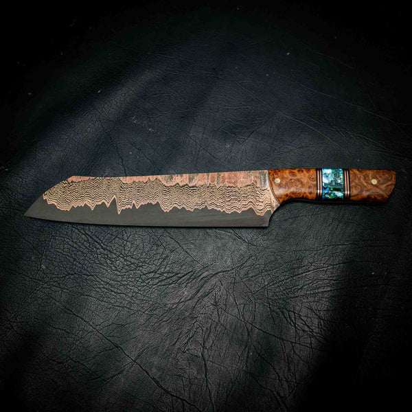 Chef Knife — 52100 San Mai Damascus | York Gum Burl & Abalone