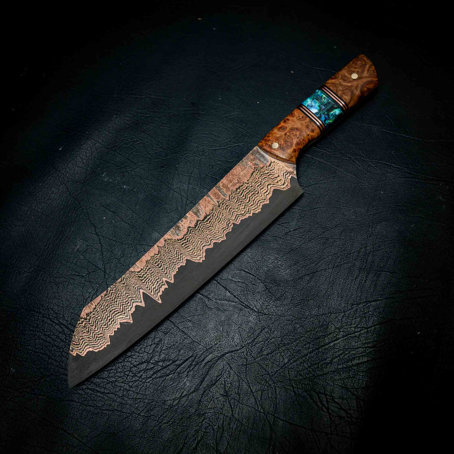 Chef Knife — 52100 San Mai Damascus | York Gum Burl & Abalone