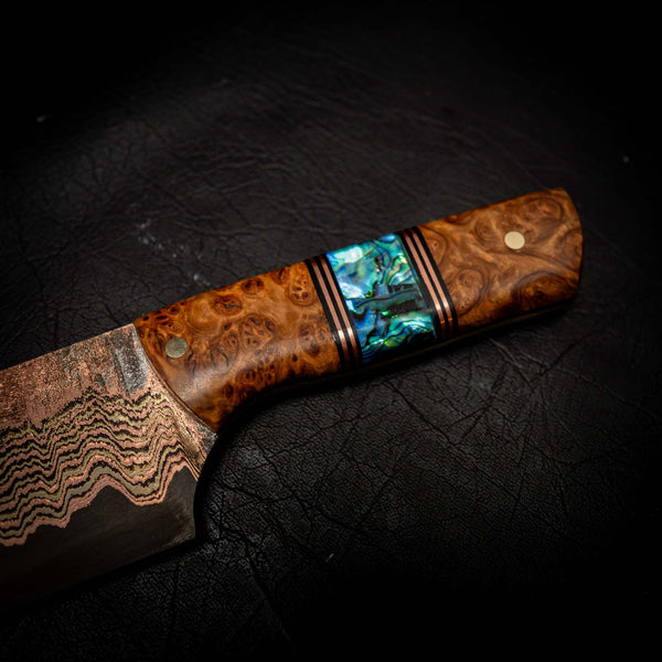Chef Knife — 52100 San Mai Damascus | York Gum Burl & Abalone