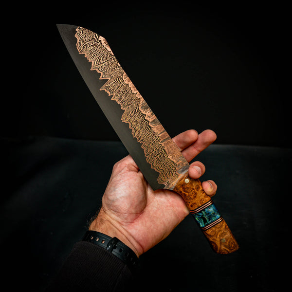 Chef Knife — 52100 San Mai Damascus | York Gum Burl & Abalone
