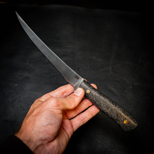 Iron Gate Mako 12C27 dive and fillet knife, Silver and Black Grip-Tec handle