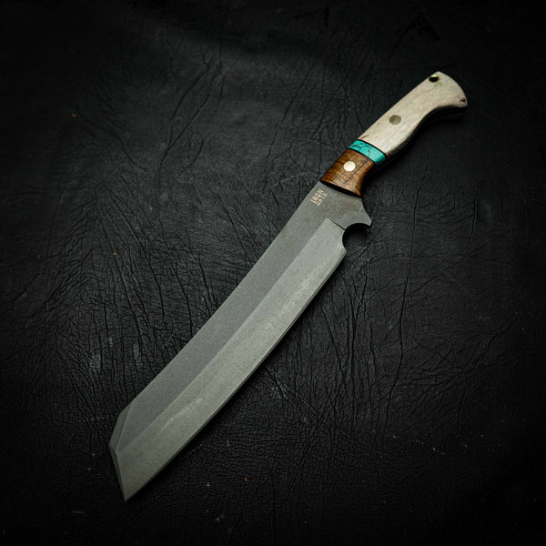 Chopper – Dark Etched N690 with Tassie Blackwood, Aqua TruStone & Deer Antler