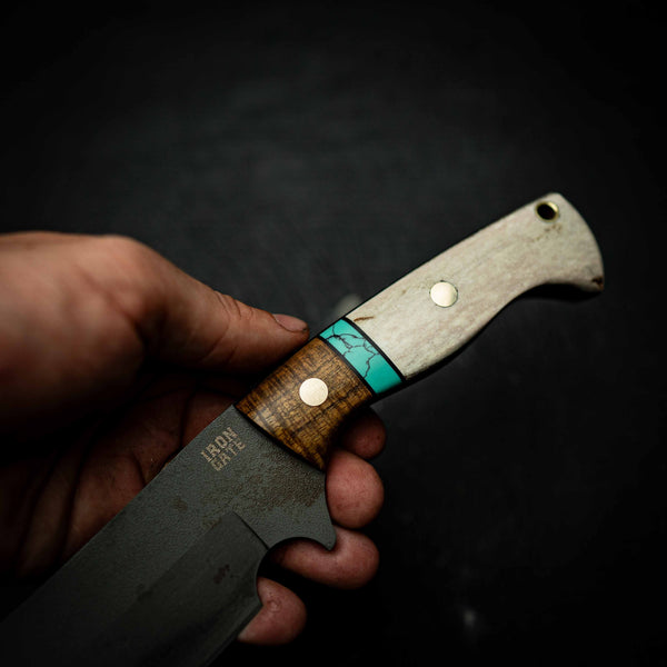 Chopper – Dark Etched N690 with Tassie Blackwood, Aqua TruStone & Deer Antler