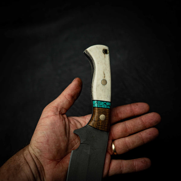 Chopper – Dark Etched N690 with Tassie Blackwood, Aqua TruStone & Deer Antler