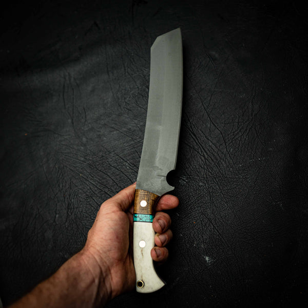 Chopper – Dark Etched N690 with Tassie Blackwood, Aqua TruStone & Deer Antler