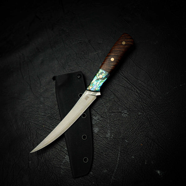 Boning Knife – 67 Layer Stainless Damascus with Abalone & Figured Acacia