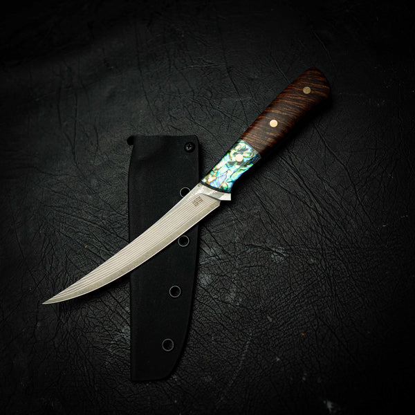 Boning Knife – 67 Layer Stainless Damascus with Abalone & Figured Acacia