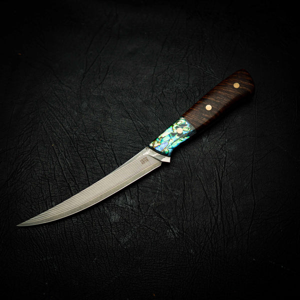 Boning Knife – 67 Layer Stainless Damascus with Abalone & Figured Acacia