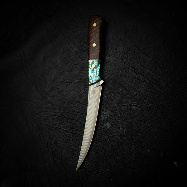 Boning Knife – 67 Layer Stainless Damascus with Abalone & Figured Acacia