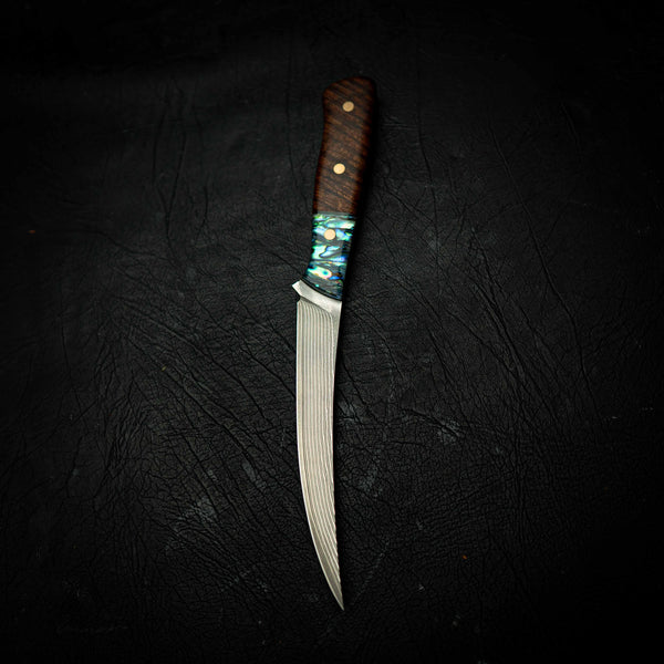 Boning Knife – 67 Layer Stainless Damascus with Abalone & Figured Acacia