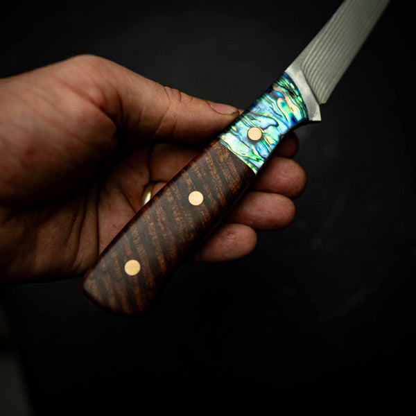 Boning Knife – 67 Layer Stainless Damascus with Abalone & Figured Acacia