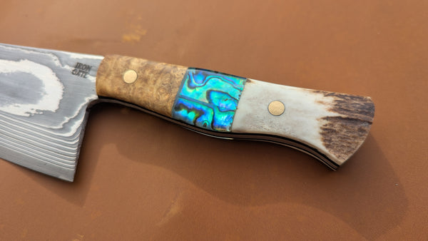 Camp Cleaver – San Mai Damascus with Abalone, Antler & Amboyna