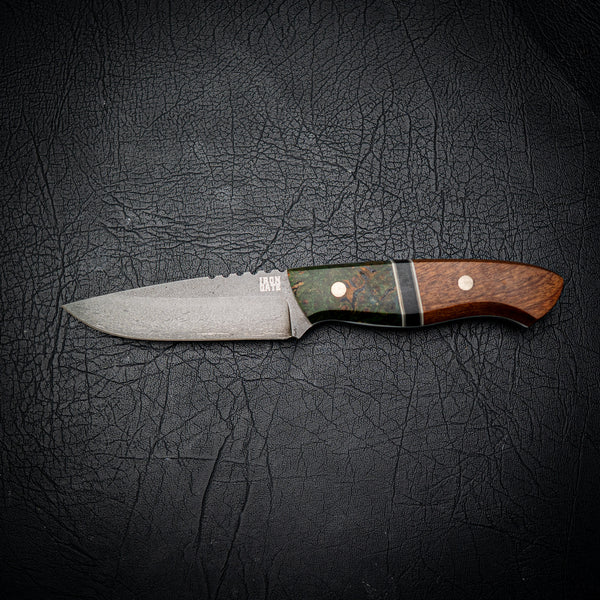 Bushcraft — D2 Dark Stonewashed, with Dyed Amboyna Burl, Dyed Lacewood spacer, and Wenge wood