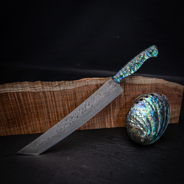 Sashimi Knife — Raindrop Damascus / Natural Abalone Shell
