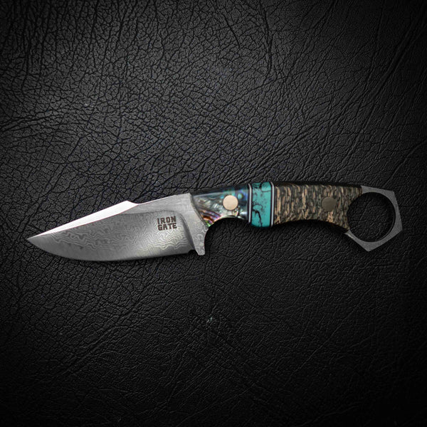 Mini Hunter – Abalone Shell, Trustone & Stabilised Pagoda Wood (Damascus)
