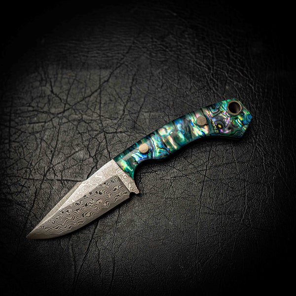 Mini Hunter – Stainless Random Damascus San Mai & Full Abalone Handle