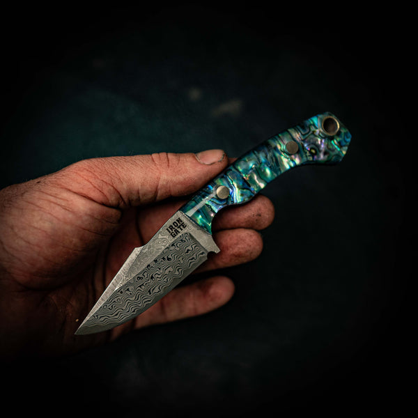 Mini Hunter – Stainless Random Damascus San Mai & Full Abalone Handle