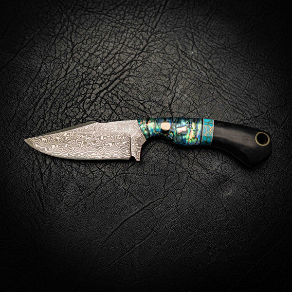 Mini Hunter – Stainless Damascus with Abalone, TruStone & Juma Handle