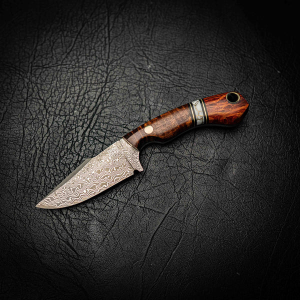 Mini Hunter – Stainless Damascus with Lace Sheoak, White TruStone & Ringed Gidgee