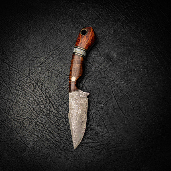 Mini Hunter – Stainless Damascus with Lace Sheoak, White TruStone & Ringed Gidgee