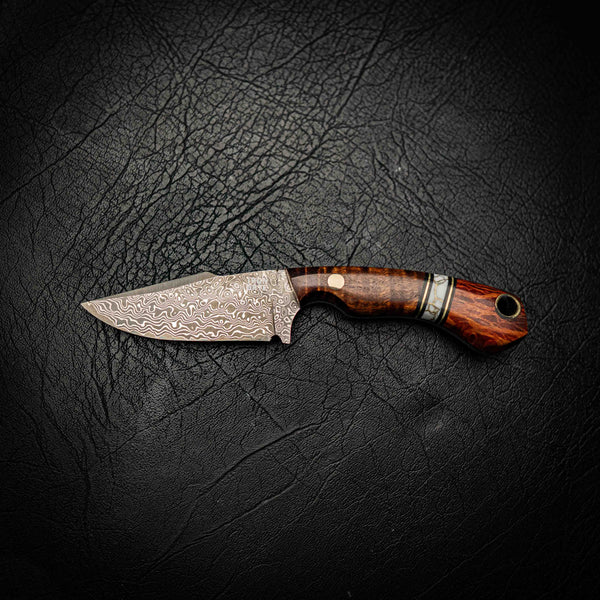 Mini Hunter – Stainless Damascus with Lace Sheoak, White TruStone & Ringed Gidgee