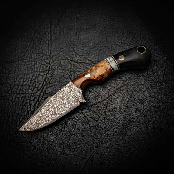 Mini Hunter – Stainless Damascus with Spalted Maple, White TruStone & Juma