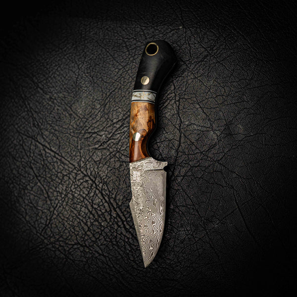 Mini Hunter – Stainless Damascus with Spalted Maple, White TruStone & Juma