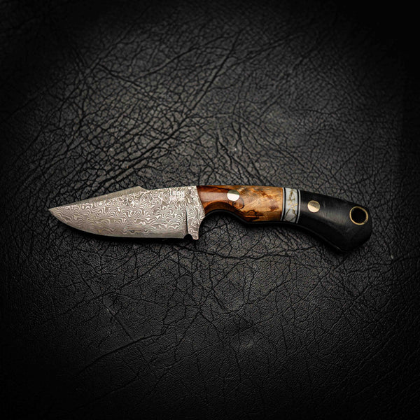 Mini Hunter – Stainless Damascus with Spalted Maple, White TruStone & Juma