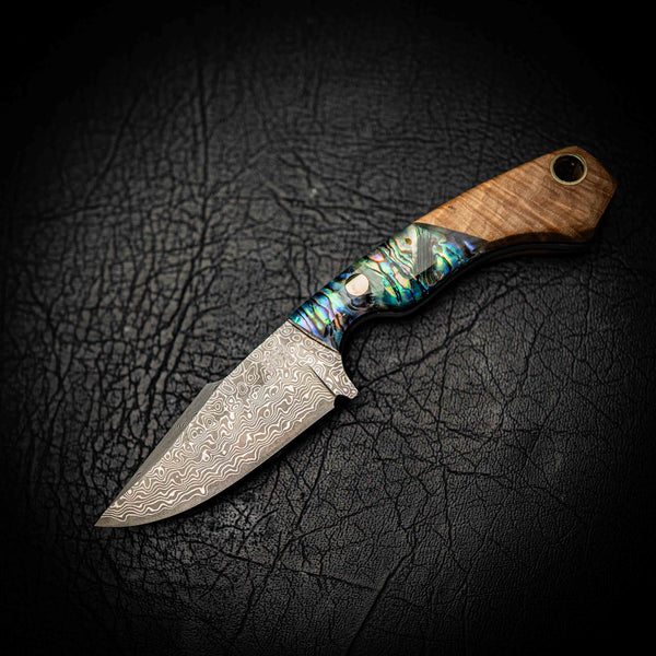 Mini Hunter – Stainless Damascus with Figured Maple & Abalone Inlay