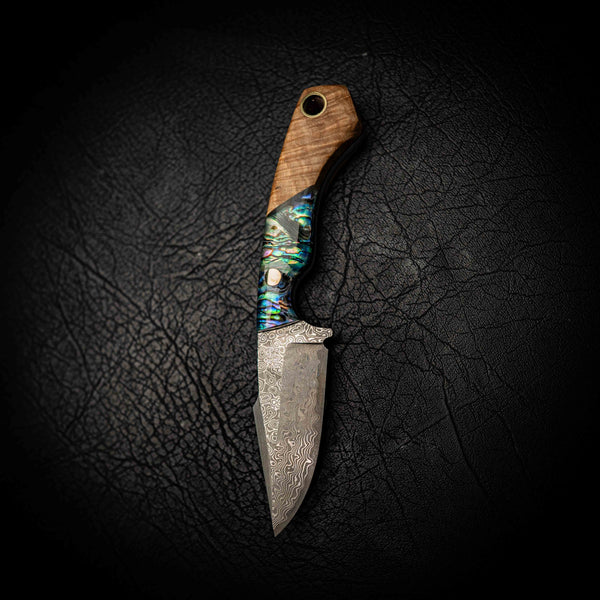 Mini Hunter – Stainless Damascus with Figured Maple & Abalone Inlay