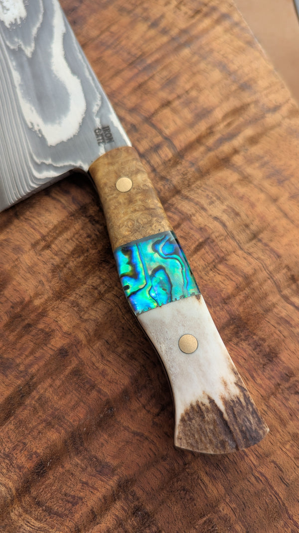 Camp Cleaver – San Mai Damascus with Abalone, Antler & Amboyna