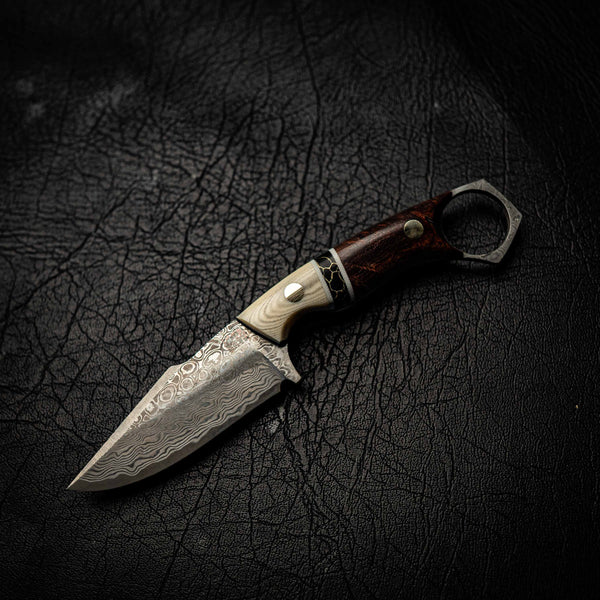 Damascus Mini Hunter – Ivory Micarta, Black TruStone and Honduran Rosewood