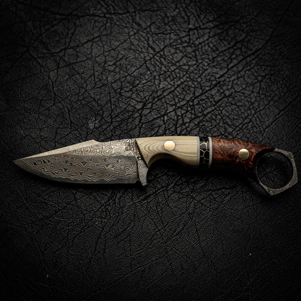Damascus Mini Hunter – Ivory Micarta, Black TruStone and Honduran Rosewood