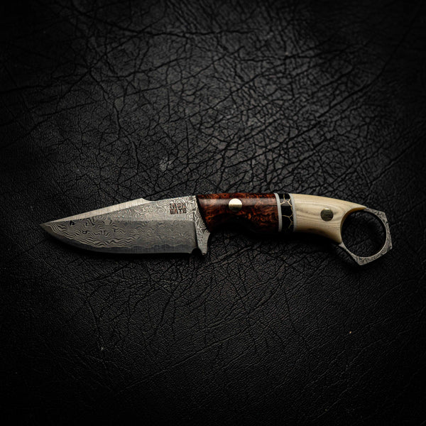 Damascus Mini Hunter – Ivory Micarta, Black TruStone and Honduran Rosewood