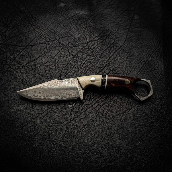 Damascus Mini Hunter – Ivory Micarta, Black TruStone and Honduran Rosewood