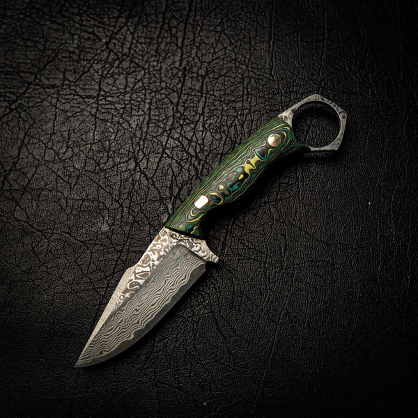 Damascus Mini Hunter – Green and Yellow Carbon Fiber