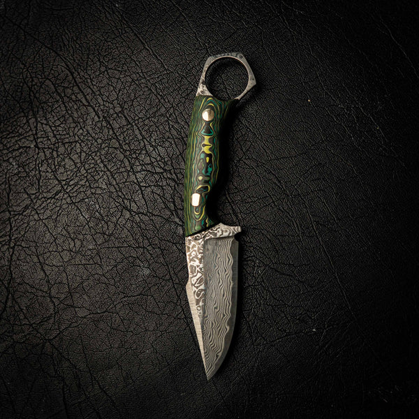 Damascus Mini Hunter – Green and Yellow Carbon Fiber