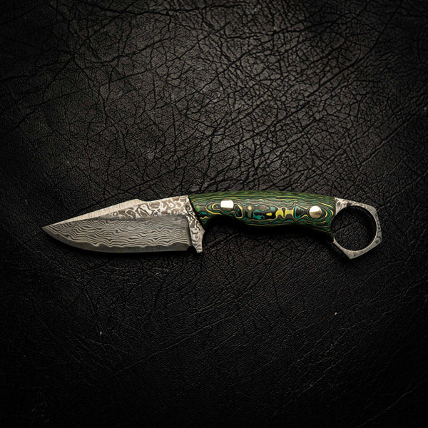 Damascus Mini Hunter – Green and Yellow Carbon Fiber