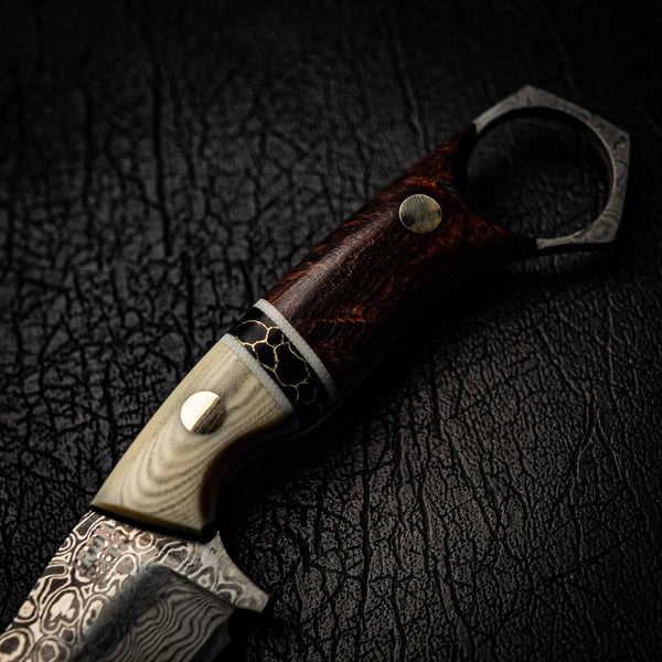 Damascus Mini Hunter – Ivory Micarta, Black TruStone and Honduran Rosewood