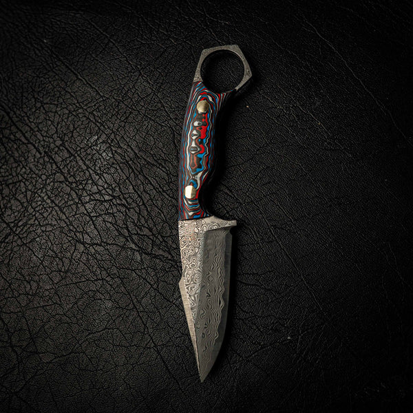 Damascus Mini Hunter – Red, Blue and White Carbon Fiber Composite