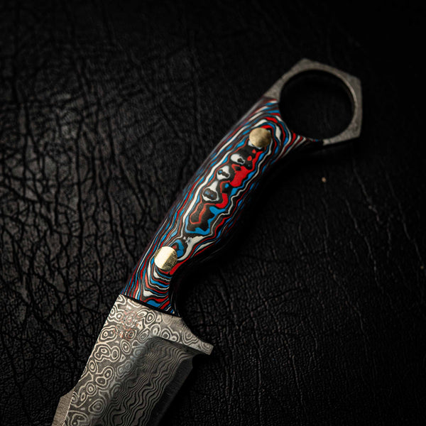 Damascus Mini Hunter – Red, Blue and White Carbon Fiber Composite